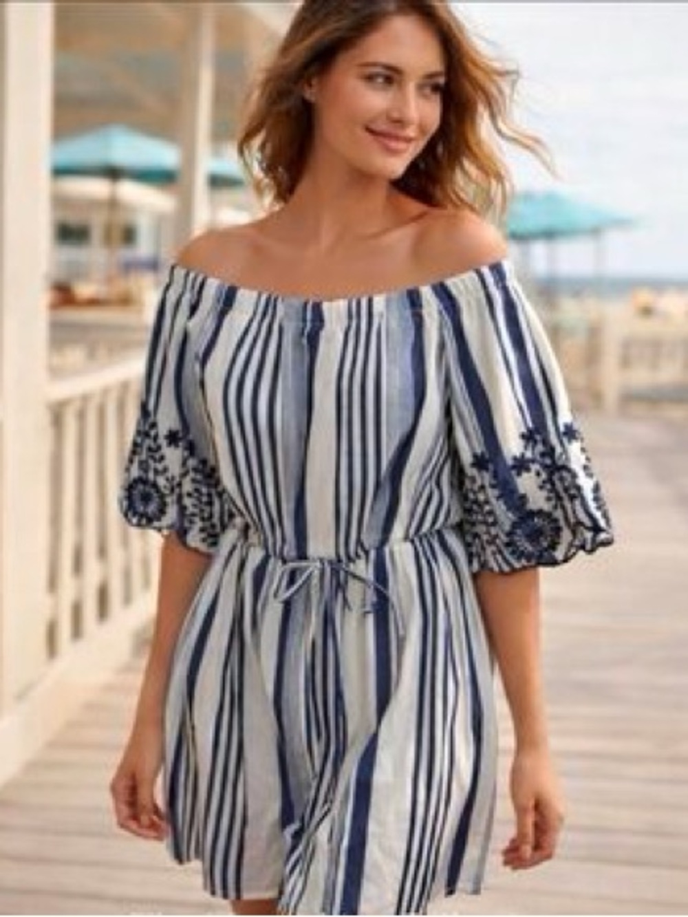 Stylehouse Off-Shoulder Blue & White Striped Dress with Embroidered Sleeves